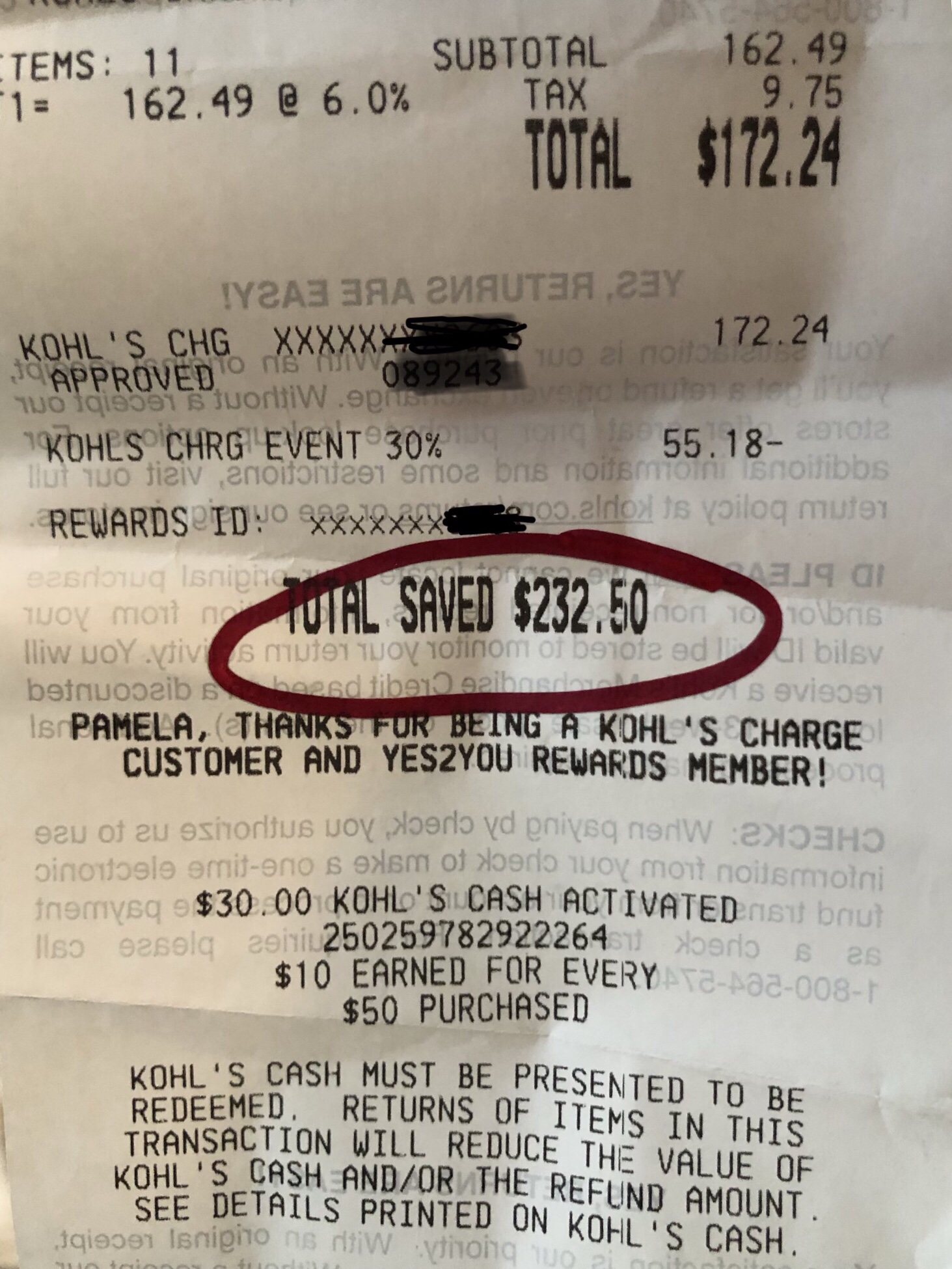 Kohl's receipt with savings